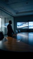 Professional businessman analyzing financial data charts on large display screen in modern corporate boardroom for strategic business planning and decision making.