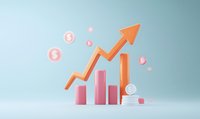 Growing bar chart with upward orange arrow and pink columns showing positive business trend, floating dollar coins on soft blue background.