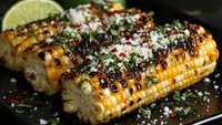 Grilled corn on the cob with Mexican-style toppings including cotija cheese, cilantro, chili powder, and lime, served on dark plate for summer barbecue menu.