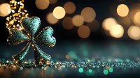 Glittering turquoise shamrock decoration against dark background with golden bokeh lights creates magical St Patrick's Day atmosphere with sparkles and shine.