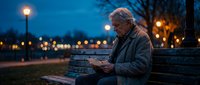 Senior Caucasian man reading book on park bench during evening twilight with warm street lights creating peaceful urban atmosphere for relaxation and leisure.