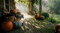 Autumn porch decorated with orange and green pumpkins and gourds on wooden deck with morning sunlight streaming through trees creating warm seasonal atmosphere.