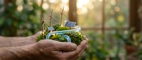 Weathered hands holding a moss-covered globe with miniature wind turbines and solar panels, symbolizing green energy and environmental sustainability.