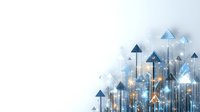 Business growth concept with upward arrows and digital network connections on light background for corporate presentations and financial reports.