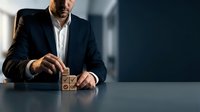 Professional businessman in dark suit arranging wooden blocks with checkmarks and crosses on modern office desk, representing decision making and business strategy.