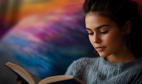 Young woman in gray sweater reading book against colorful abstract background, eyes closed in peaceful contemplation, soft natural lighting creates serene atmosphere.