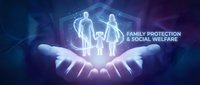 Glowing family silhouettes held in protective hands with digital network overlay, representing family protection, social welfare, and care services for insurance and community support concepts.