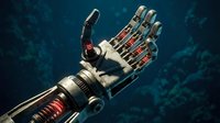 Futuristic robotic prosthetic hand with mechanical fingers and advanced technology components on dark blue background for sci-fi design projects.