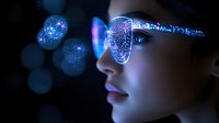 Futuristic profile view of woman wearing glowing digital glasses with sparkles and data visualization effects against dark background with bokeh lights.
