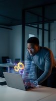 African American software developer working late with holographic interface projections from laptop in modern office environment for tech innovation projects.