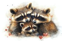 Adorable raccoon family portrait with three furry faces showing tender emotions, surrounded by subtle watercolor hearts and splashes on white background.