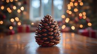 Single pine cone on wooden surface with warm bokeh lights creating cozy holiday atmosphere for seasonal decorations and winter crafts projects.