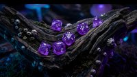 Purple polyhedral dice arranged on weathered wood with blue lighting, perfect for tabletop gaming, fantasy campaigns, and role-playing game promotional materials.