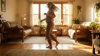 Young woman dancing barefoot in sunlit living room with plants and wooden furniture creating joyful morning atmosphere at home.