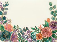 Watercolor floral border with roses and leaves in teal, purple, and orange tones on cream background with gold accents and copy space.