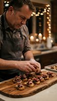 Middle-aged Caucasian male chef in apron carefully plating gourmet appetizers on wooden board in warm restaurant kitchen with bokeh lights.