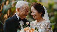 Senior Asian couple celebrating wedding anniversary or vow renewal ceremony, wearing formal attire with bridal veil and bow tie, sharing joyful moment with natural garden backdrop.