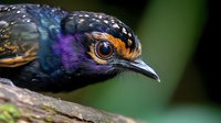 Colorful tropical bird with iridescent purple and blue plumage, orange eye ring and spotted feathers perched on branch in natural forest habitat.