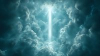 Dramatic lightning bolt pierces through stormy turquoise clouds, creating ethereal atmospheric scene with glowing light beam against dark moody sky.