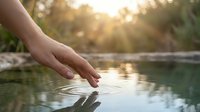 Hand gently touching calm water surface creating ripples at golden sunset, nature harmony and mindfulness concept in serene outdoor setting.