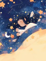 Young Asian girl with long dark hair floating in dreamy starlit night sky surrounded by orange stars, crescent moon, and ethereal feathers against watercolor galaxy background.