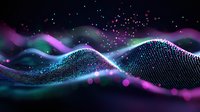Abstract digital wave pattern with glowing particles and colorful light effects in purple, blue and green tones against dark background creates dynamic flowing motion.