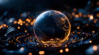Glowing digital Earth with illuminated city lights floating above rippling water surface, surrounded by golden bokeh lights in dark environment.