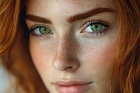 Close up portrait of young woman with bright green eyes, natural freckles, and ginger hair looking directly at camera with gentle smile. Soft natural lighting.
