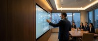 Middle-aged male professional in dark business suit presenting data on interactive digital display to diverse team in modern conference room with floor-to-ceiling windows.