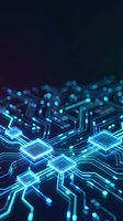 Futuristic circuit board with glowing blue microchips and electronic pathways on dark background for technology and innovation concepts.