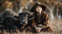 Young Asian girl in traditional brown clothing sitting peacefully with black water buffalo in golden autumn field during warm sunset light.