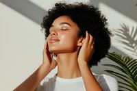 Young African American woman with natural curly hair enjoying sunlight with closed eyes and serene expression, palm leaves shadow on wall creates tropical mood.