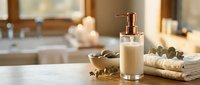 Luxury bathroom accessories with soap dispenser and eucalyptus on marble counter creating spa-like atmosphere for wellness and self-care routines.