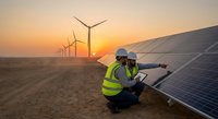 Two engineers in safety vests inspecting solar panels at renewable energy farm with wind turbines during golden sunset for sustainable power generation.