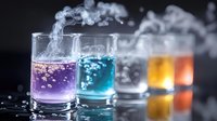 Colorful smoking cocktails in shot glasses with dry ice vapor effect creating mystical atmosphere on dark background with reflection on wet surface.