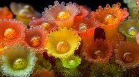 Vibrant zoanthid coral polyps in orange, yellow and green colors with detailed texture and water droplets showing underwater marine life in macro photography.