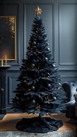 Elegant black Christmas tree decorated with matching ornaments and gold star topper against dark blue wall, creating dramatic modern holiday atmosphere.