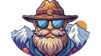 Bearded mountain ranger with sunglasses and hat against snowy peaks backdrop at sunset. Cartoon style adventure illustration with vibrant colors and detailed character design.