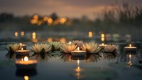Floating lotus flowers with glowing candles on tranquil water at sunset creating peaceful meditation atmosphere for spa wellness and spiritual practices.