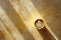 Cup of coffee with latte art rosetta pattern on beige textured background with dramatic diagonal sunlight and shadows creating minimalist composition.