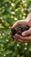 Farmer's weathered hands holding rich dark soil with roots against lush green garden background, showcasing earth quality for agriculture.