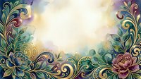 Ornate floral frame with decorative scrollwork and botanical elements in jewel tones surrounding a luminous cream center, suitable for invitations and greeting cards.