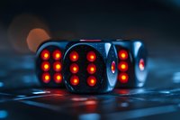 Black gaming dice with glowing red dots on dark background with bokeh lights, dramatic close-up shot showing lucky number combination for casino and gambling concept.