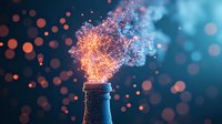 Glowing orange smoke emerging from bottle neck against dark blue background with bokeh lights, creating magical atmospheric effect. Suitable for fantasy designs.