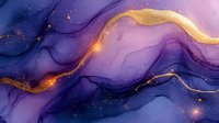 Abstract luxury background with flowing purple and navy waves decorated with golden glitter lines and sparkles on dark cosmic surface.