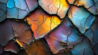 Colorful cracked earth texture with vibrant blue, yellow, orange, and purple hues creating an abstract geological pattern.