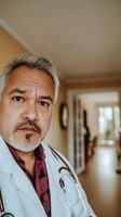 Middle-aged Hispanic male doctor with gray hair and goatee wearing white coat and stethoscope in hospital hallway, looking directly at camera with serious expression.