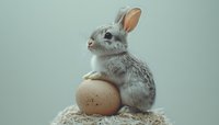 Small gray bunny sitting on hay next to large brown speckled egg against soft green background, creating whimsical Easter holiday composition.