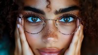 Young African American woman with bright blue eyes, freckles and curly hair wearing round glasses, touching face with hands in dramatic close up portrait.