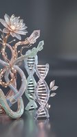 Glass DNA double helix structure with decorative floral elements on reflective surface for biotechnology and genetic research concepts.